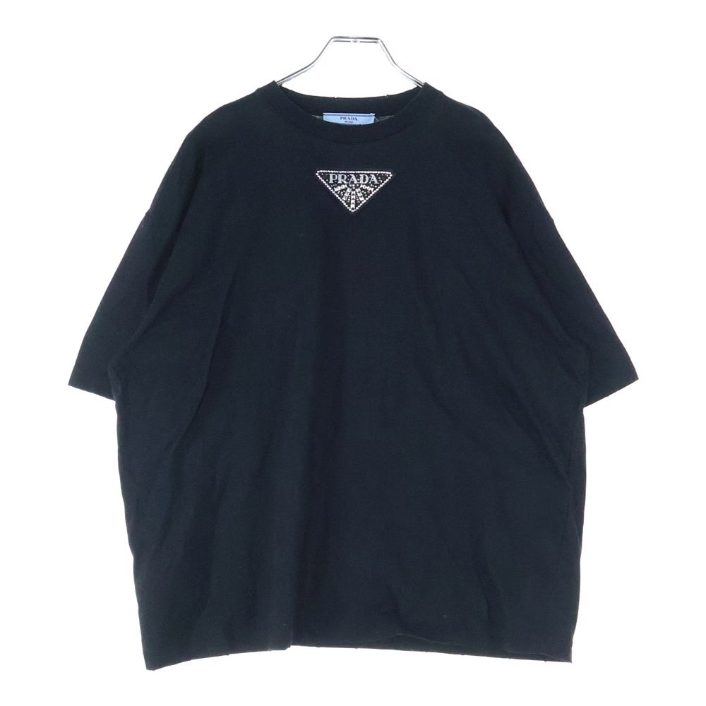 PRADA プラダ 22SS ビジュー スタッズ トライアングルロゴワッペン クルーネック 半袖Tシャツ カットソー ブラック レディース 3572AR PRADA (プラダ) 22SS ビジュー スタッズ トライアングルロゴワッペン