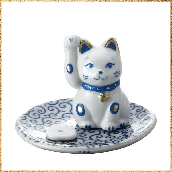 送料無料 クラフトマンハウス お香立て 開運 招き猫 ・青 日本製