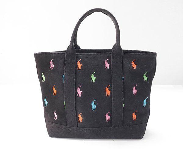 RALPH LAUREN ◇ カラフルポニー総柄 キャンバス トートバッグ 黒 