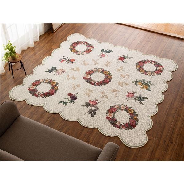 ラグマット ソファーカバー 190×190cm カルネア バラ柄 洗える ルドゥーテ キルトカバー リビング ダイニング ベッドルーム ルドゥーテ キルトカバー ソファーカバー 洗える マルチカバー キルティングマット キルトラグ キルト ラグマット ラグ おしゃれ かわいい 可愛い  薔薇 バラ ローズ キルトラグマット上品 エレガント 大人 インテリア おしゃれ レトロ 直送 ユニベール