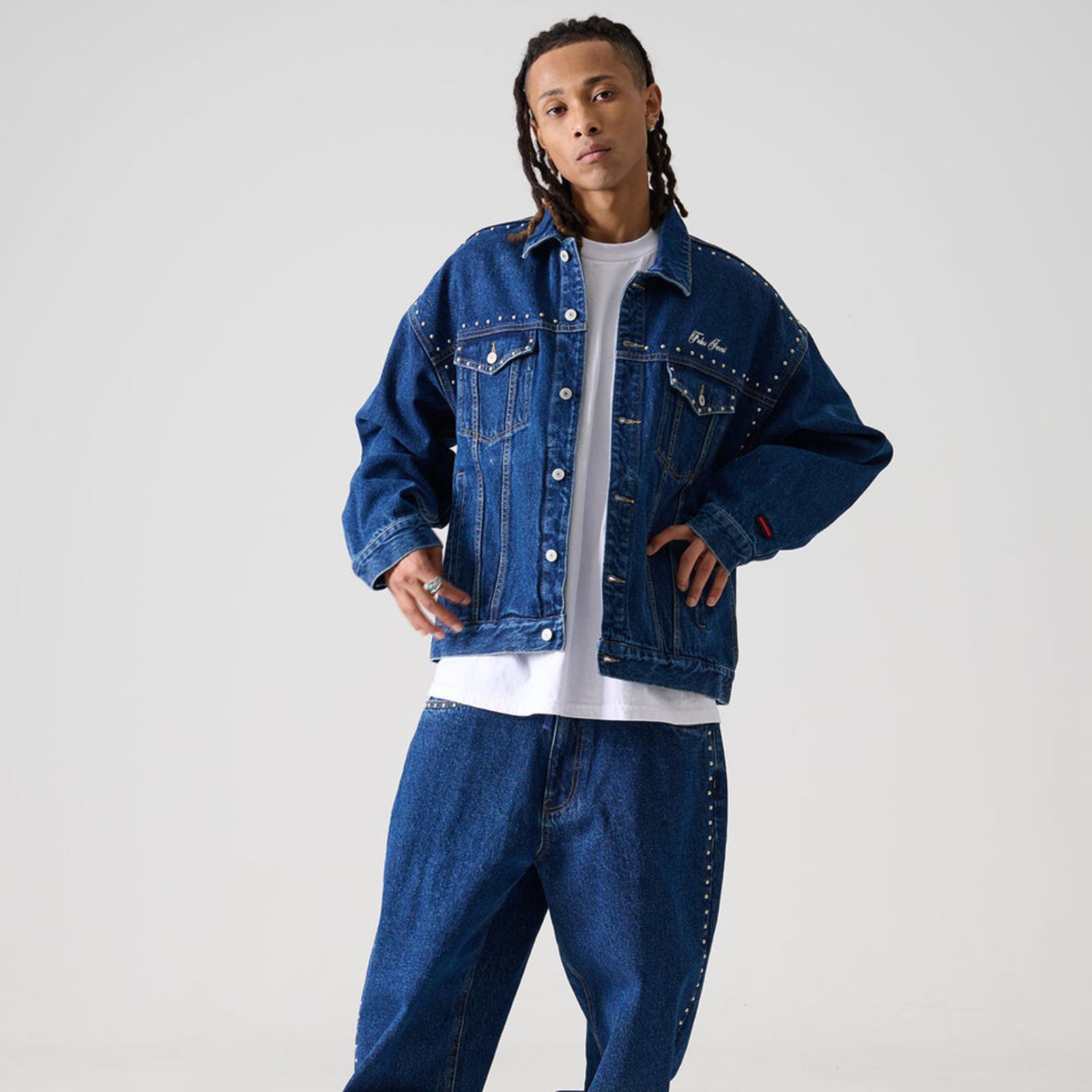新作】【FUBU／フブ・STUDS DENIM JACKET（ネイビー）】ストリート