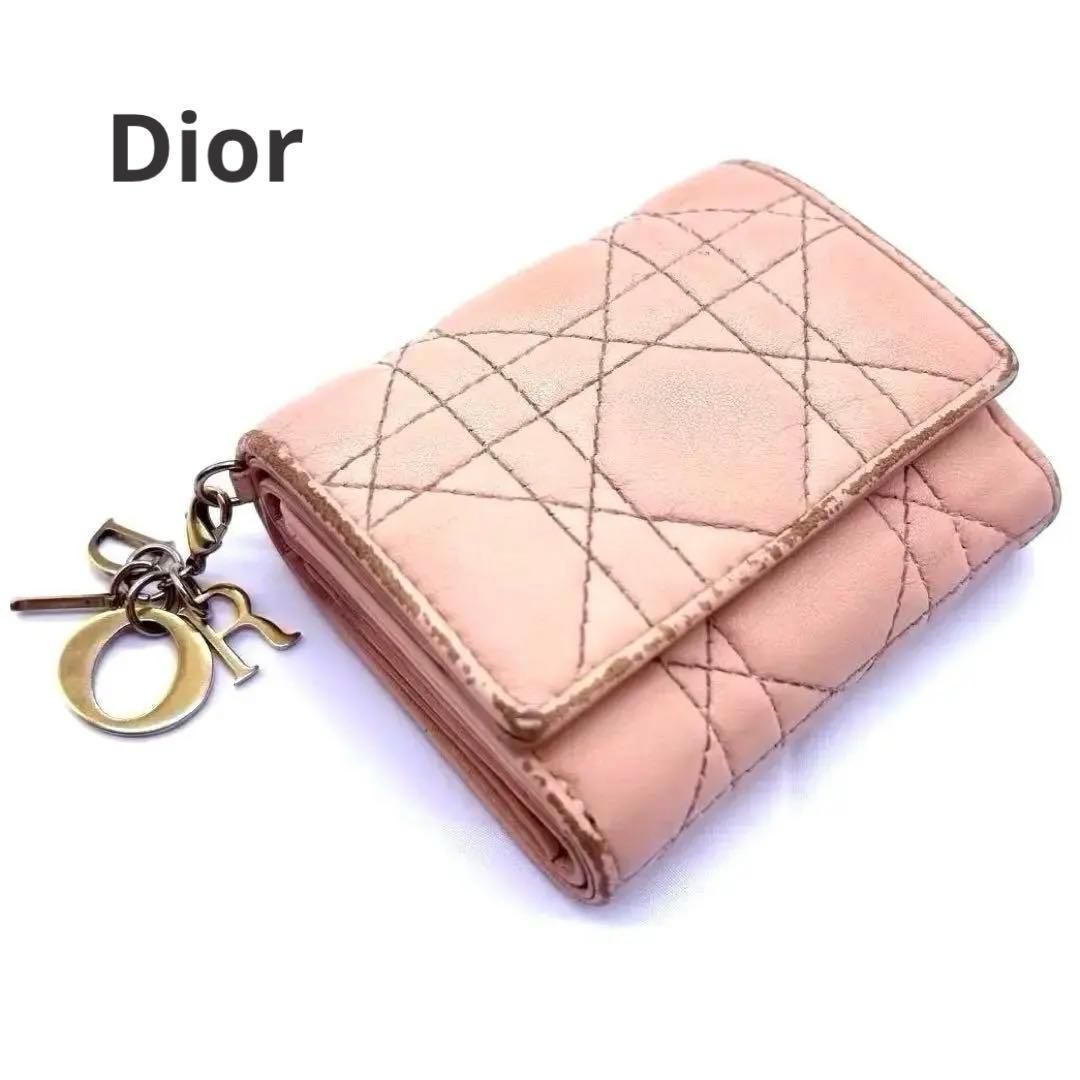 正規品 Dior レディディオール カナージュ 三つ折り財布 ピンク