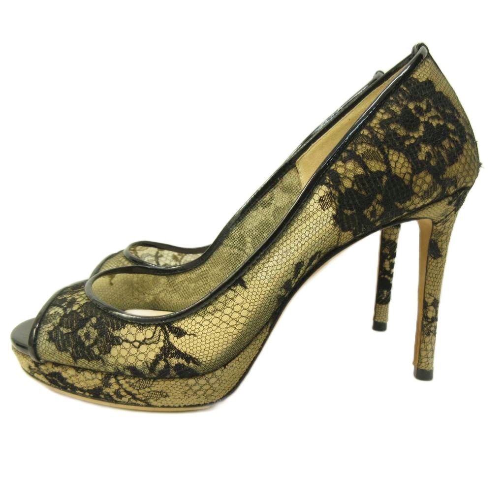 ジミーチュウ JIMMY CHOO レース パンプス ヒール オープントゥ 黒