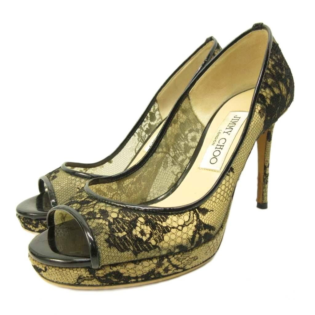 ジミーチュウ JIMMY CHOO レース パンプス ヒール オープントゥ 黒