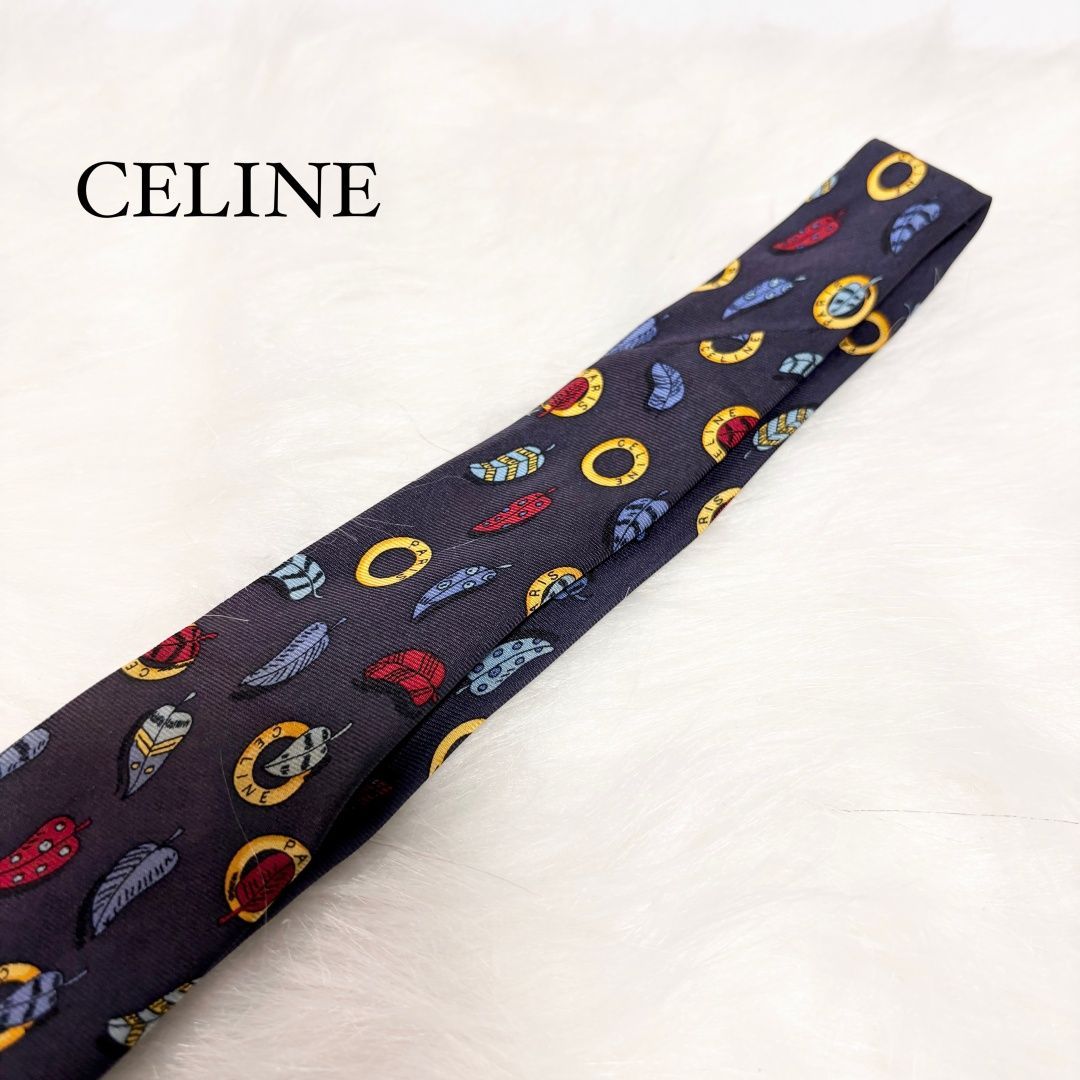 CELINE セリーヌ ネクタイ シルク100% イタリア製 ブラウン ゴールド