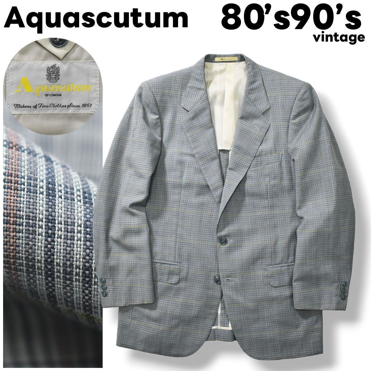 80s90s アクアスキュータム テーラードジャケット チェック柄ブルー