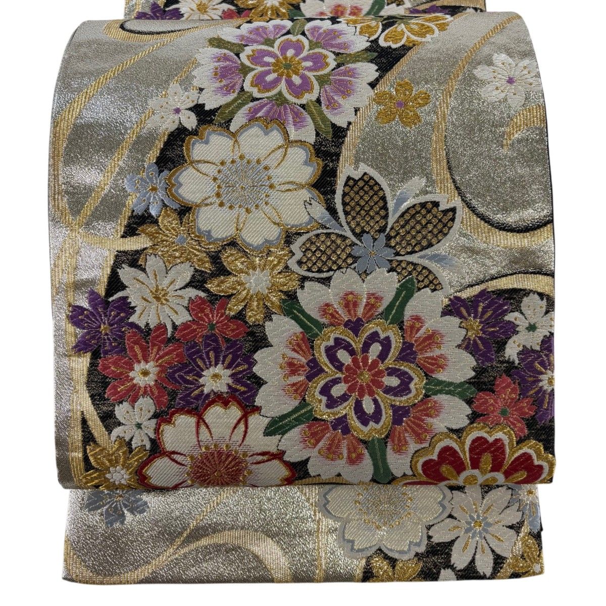 美品】 袋帯 秀品 振袖向き 桜 華文 金糸 箔 黒 六通 正絹 【中古