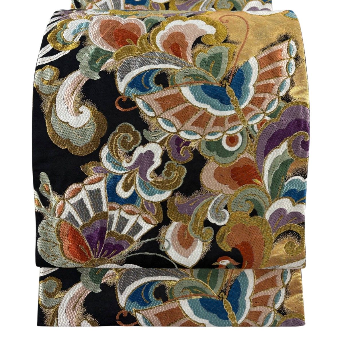 袋帯 秀品 振袖向き 花鳥宝相華 蝶 金銀糸 唐織 黒 六通 正絹 【中古