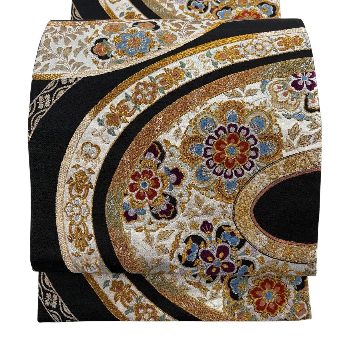 美品】 袋帯 秀品 華文 花唐草 箔 金銀糸 黒 六通 正絹 【中古