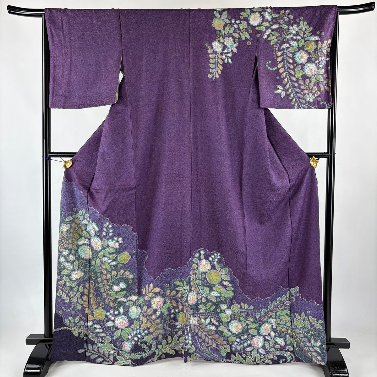 訪問着 身丈166.5cm 裄丈67cm M 袷 辻が花柄 金通し 絞り 紫 正絹 名品
