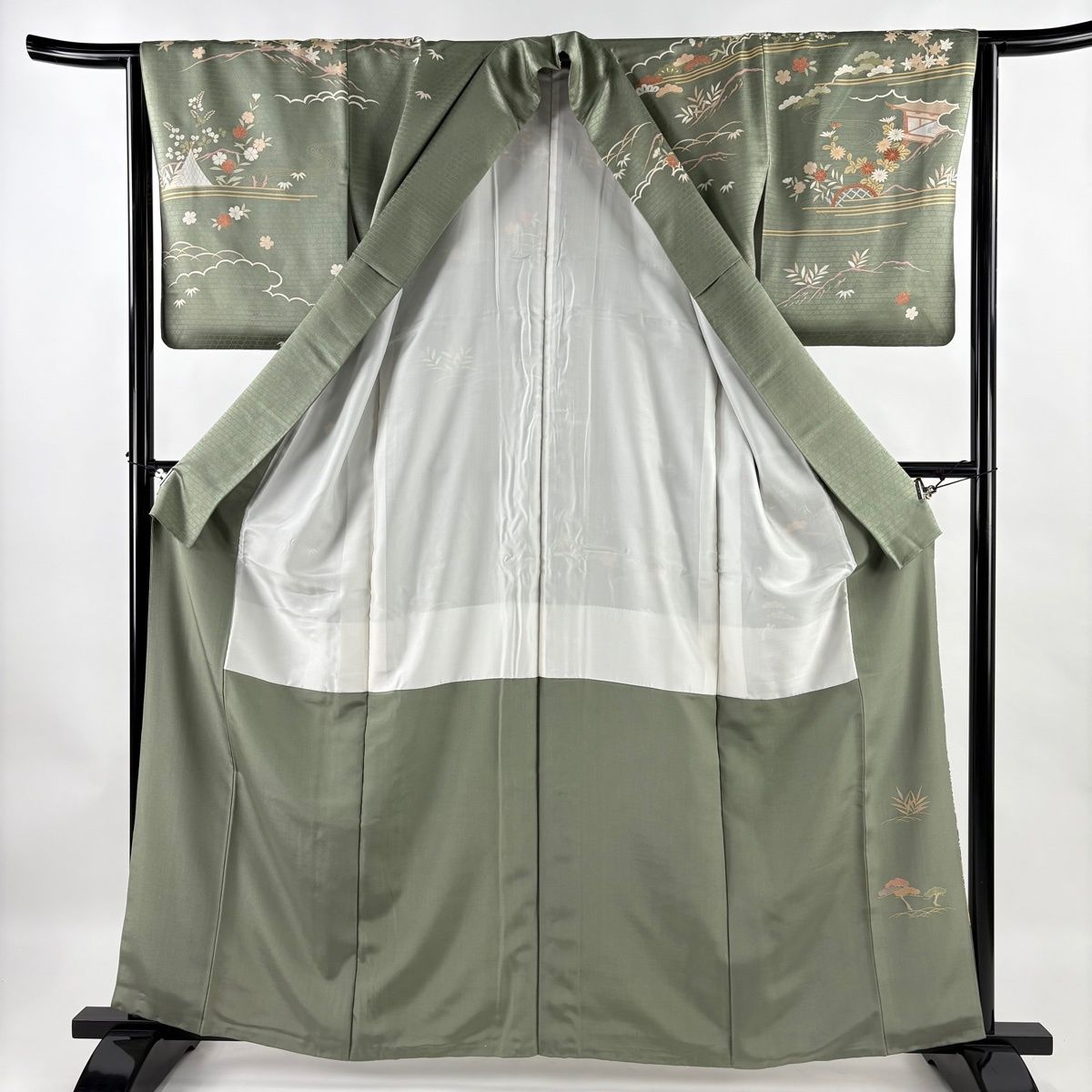 訪問着 身丈162.5cm 裄丈63.5cm S 袷 鴛鴦 松竹梅 金彩 ぼかし 灰緑