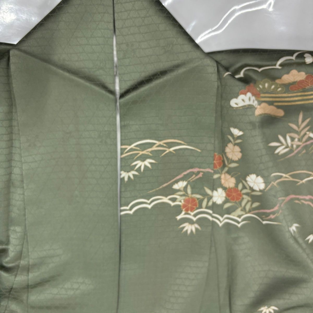 訪問着 身丈162.5cm 裄丈63.5cm S 袷 鴛鴦 松竹梅 金彩 ぼかし 灰緑