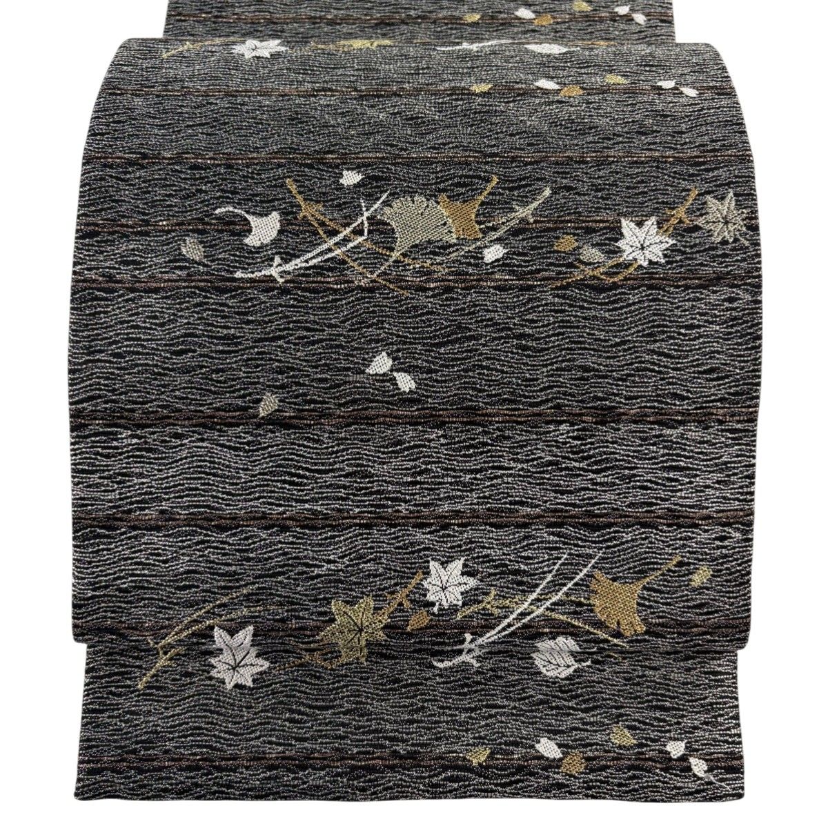 美品】 袋帯 名品 吹き寄せ 縞 金糸 箔 黒灰 六通 正絹 【中古