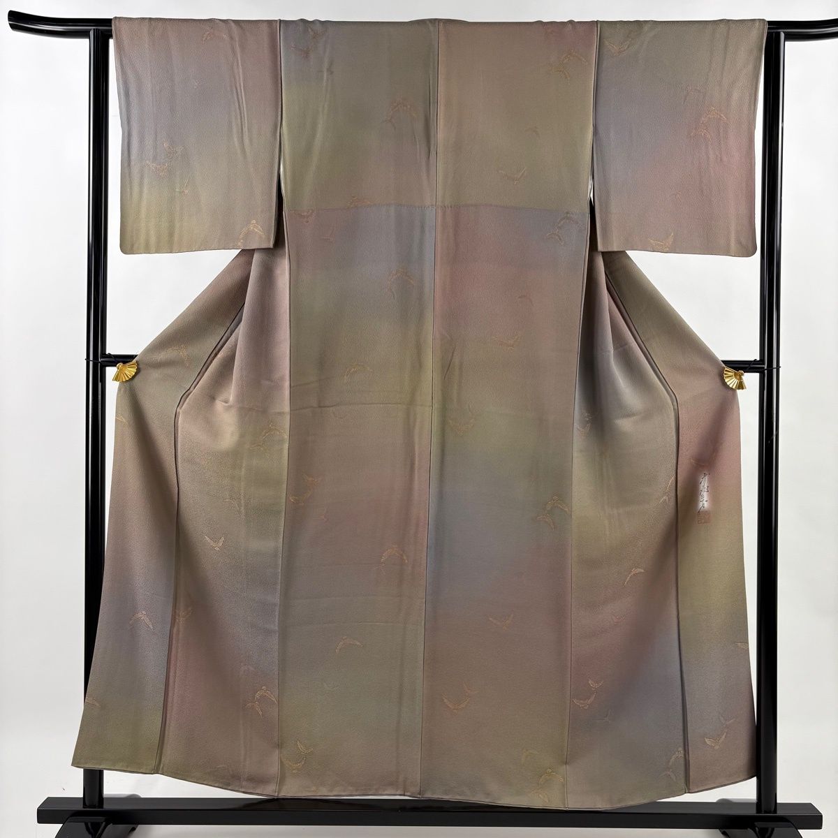 美品】 小紋 身丈155.5cm 裄丈63cm S 袷 斉藤三才 落款 鳥 金糸 ぼかし