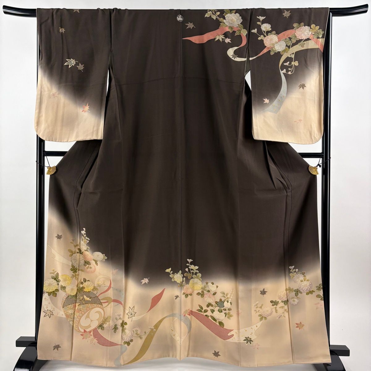 訪問着 身丈164.5cm 裄丈66.5cm M 袷 太鼓 菊 金彩 ぼかし 焦茶色 正絹