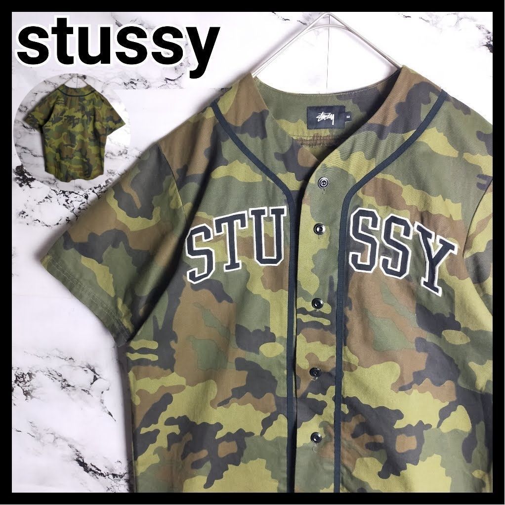 即完売品 ステューシー☆アーチ刺繍ロゴ ベースボールシャツ カモフラ