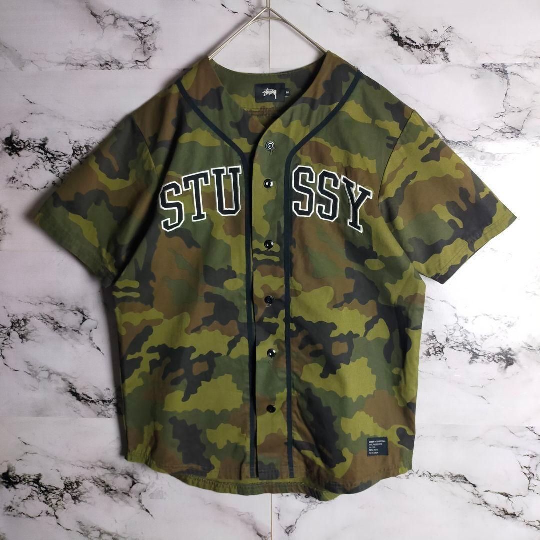 即完売品 ステューシー☆アーチ刺繍ロゴ ベースボールシャツ カモフラ
