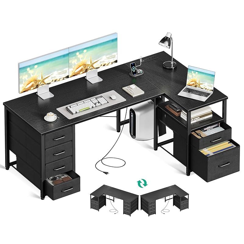 AODK パソコンデスク 引き出し6杯付き ゲーミングデスク コンセント