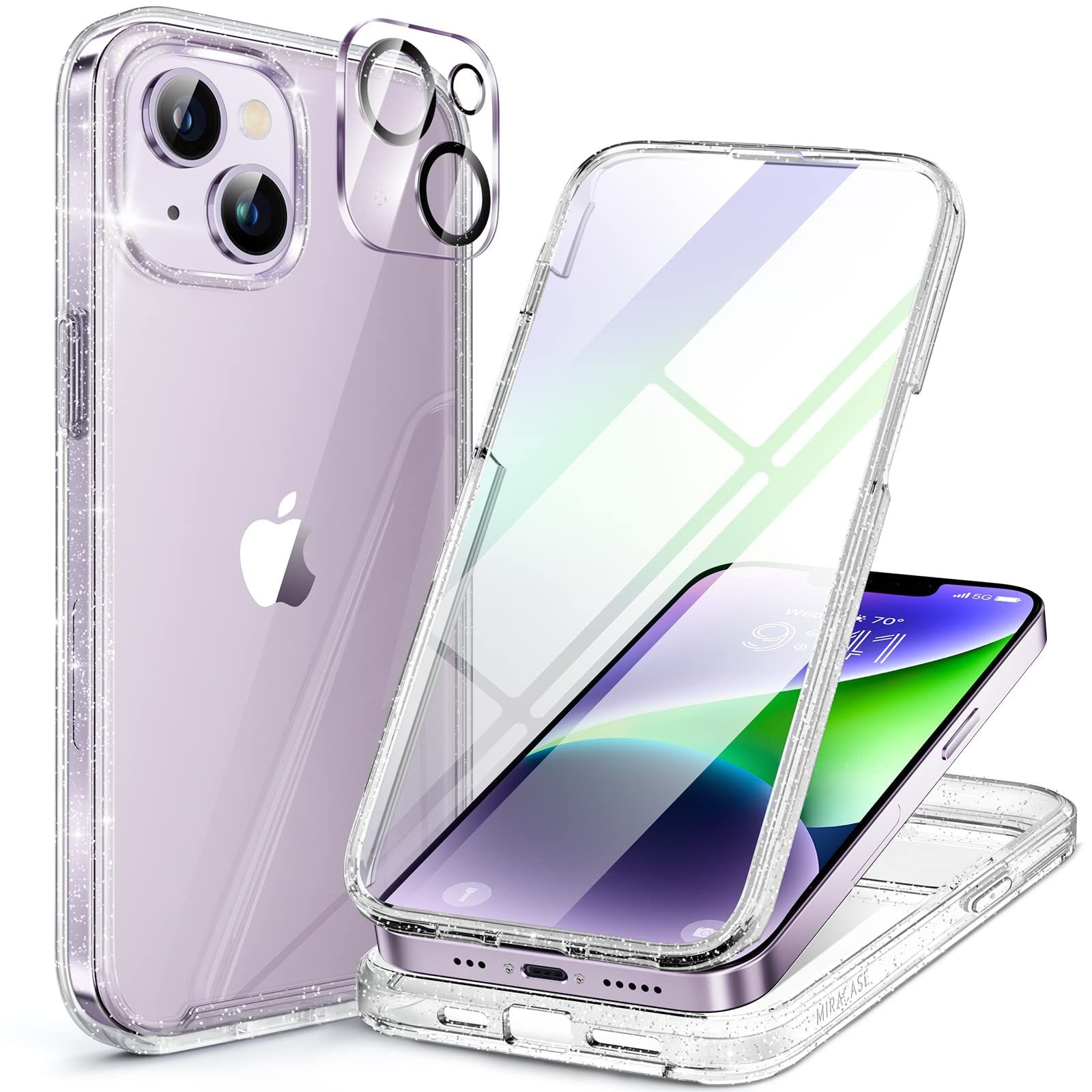 Miracase iPhone14ケース スマホケース iphone14 用 カバー 全身バンパー保護ケース 9H 強化ガラス 6.1インチ フルカバー 360度 ワイヤレス充電対応 きらりん