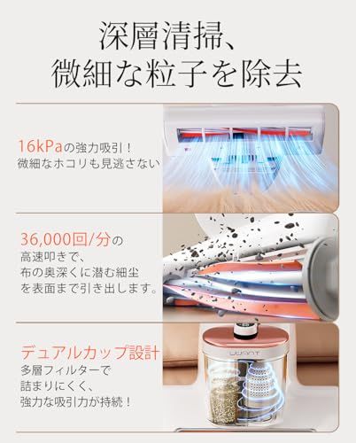 uwant 布団クリーナー 16Kpaの強力な吸引力 毎分たたき36,000回超高速