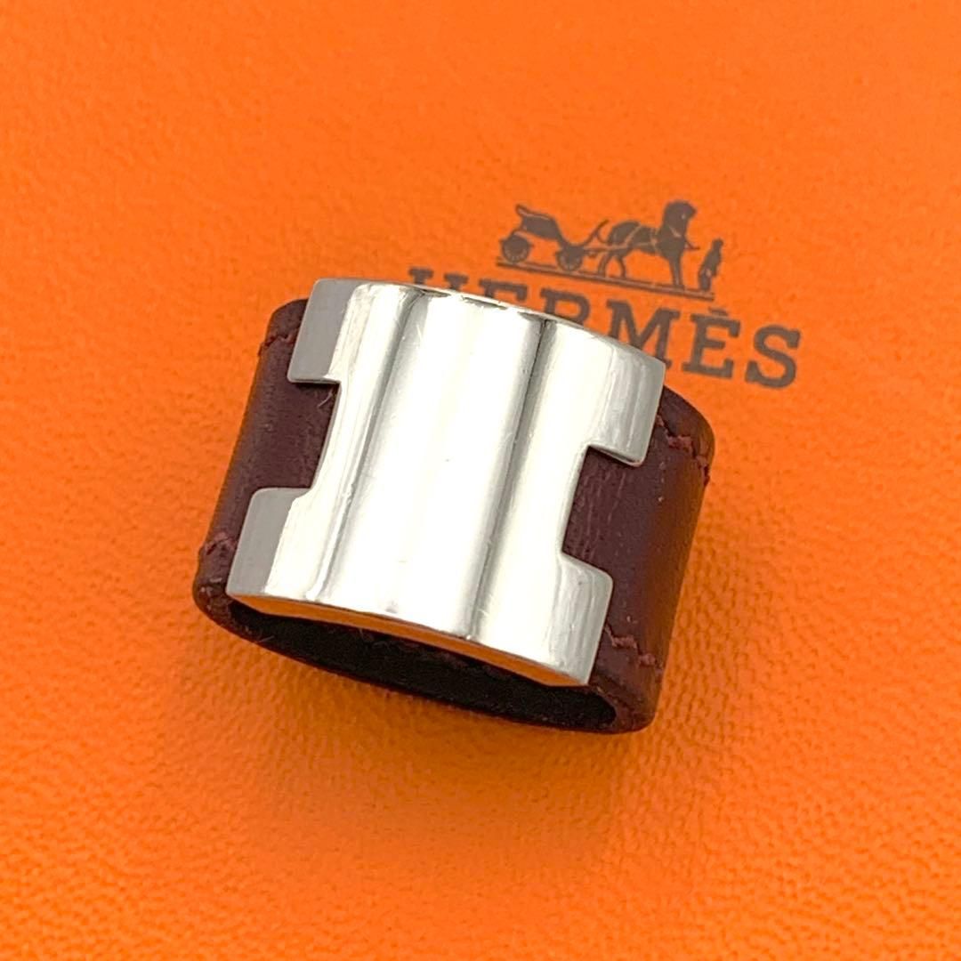 エルメス ルーリーリング シルバー レザー ワインレッド Hモチーフ