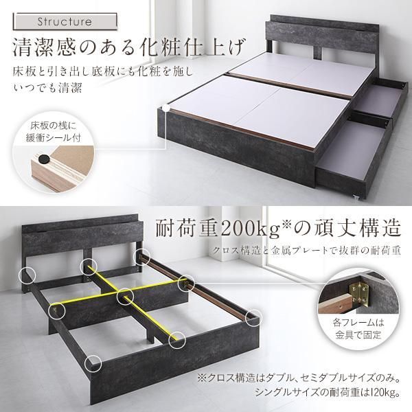 ベッド ダブル ベッドフレームのみ ストーングレー 宮付 収納ベッド