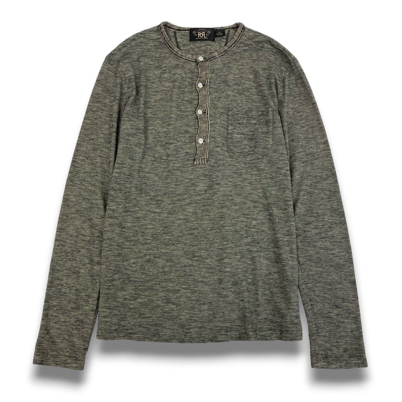 59b22 RRL ダブルアールエル ヘンリーネック カットソー 長袖Tシャツ メンズ 紳士服 サイズM グレー系 コットン100％u02t RRL &frasl; ダブルアールエル 貝ボタン ヘンリーネック 長袖 Ｔシャツ