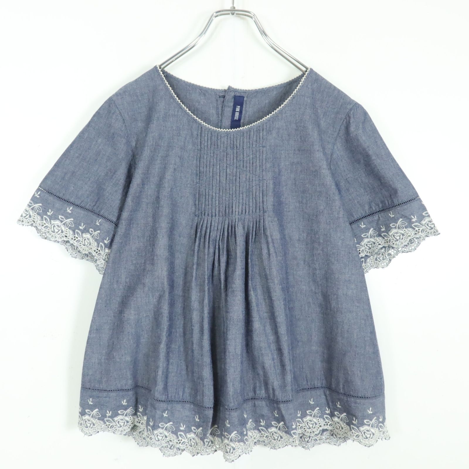 美品】ピンクハウス☆はしごレース&刺繍♪タンガリーの半袖ブラウス