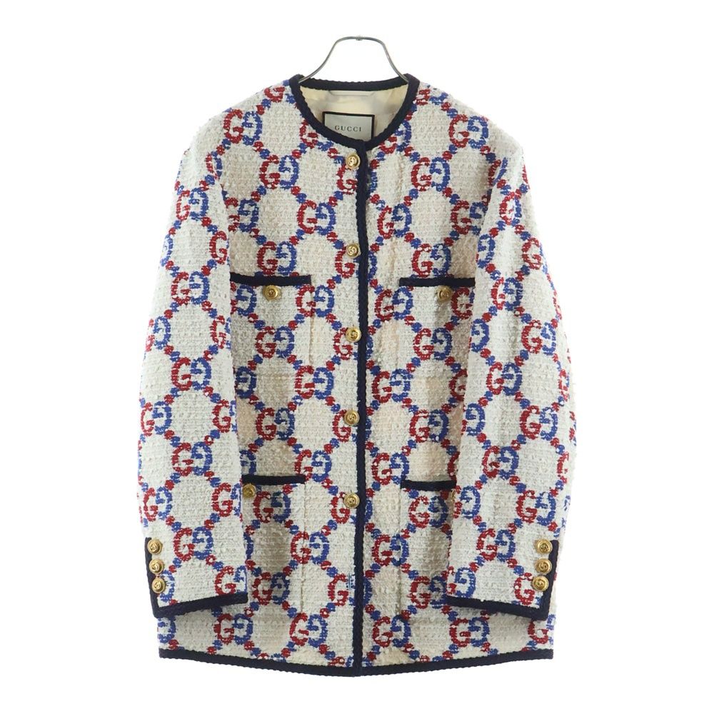 GUCCI (グッチ) 19SS GG総柄 ノーカラー ツイード ジャケット ホワイト