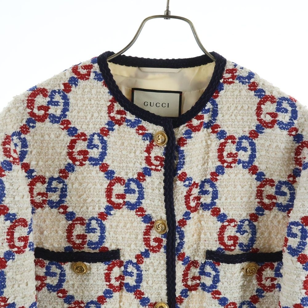 GUCCI (グッチ) 19SS GG総柄 ノーカラー ツイード ジャケット ホワイト