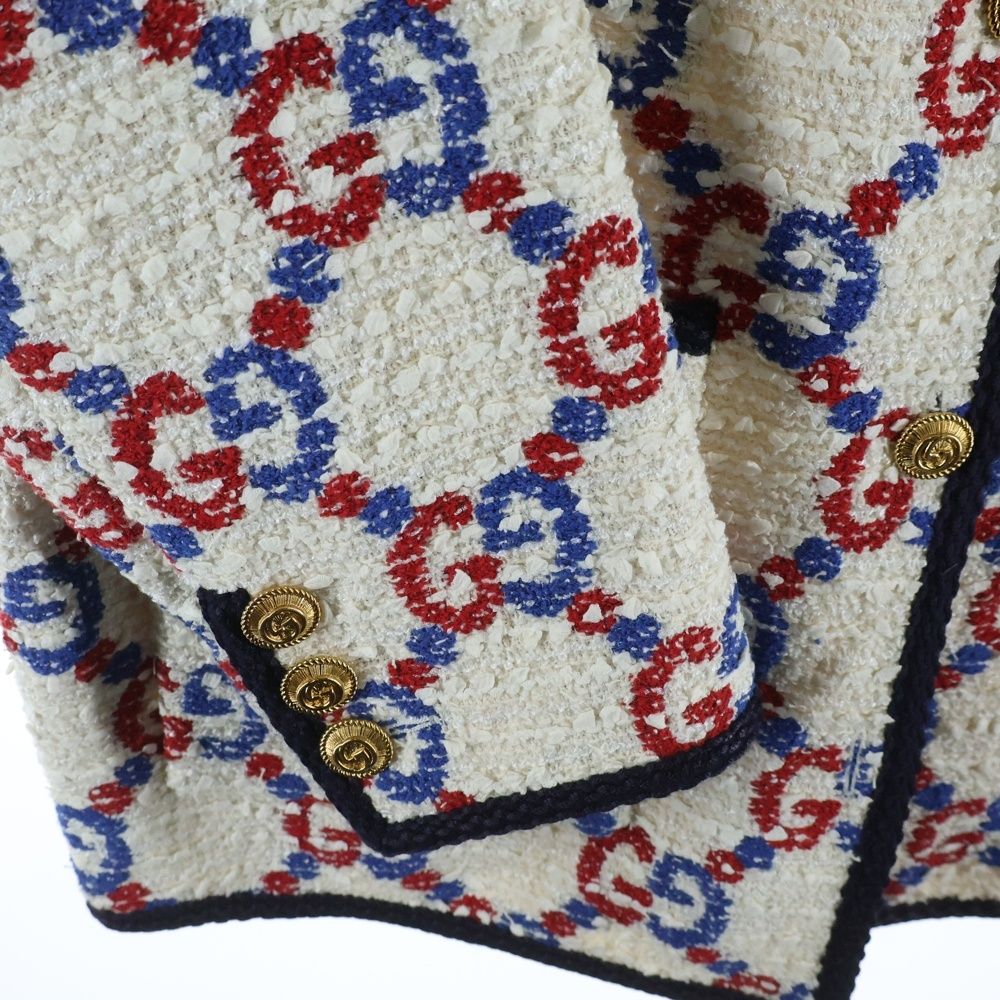 GUCCI (グッチ) 19SS GG総柄 ノーカラー ツイード ジャケット ホワイト