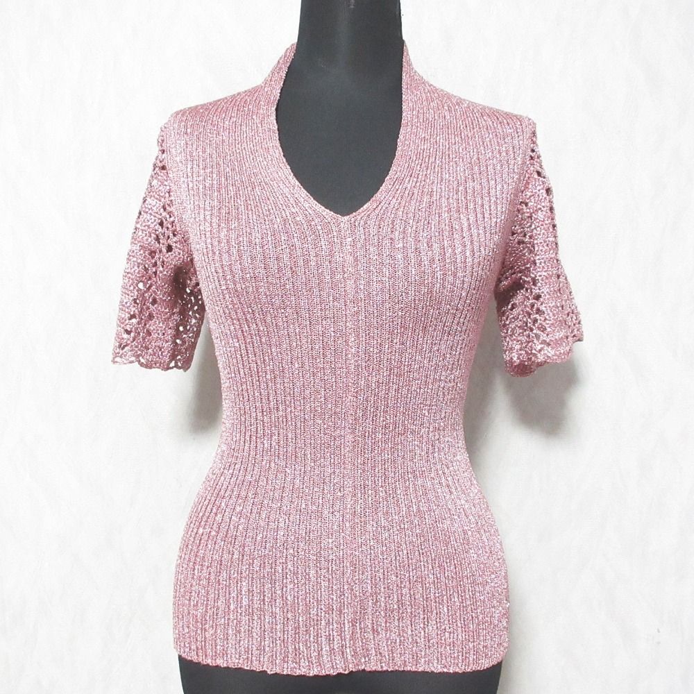 美品 トヨコサイトウ 斎藤都世子 鍵編みニットスリーブ ラメ セーター