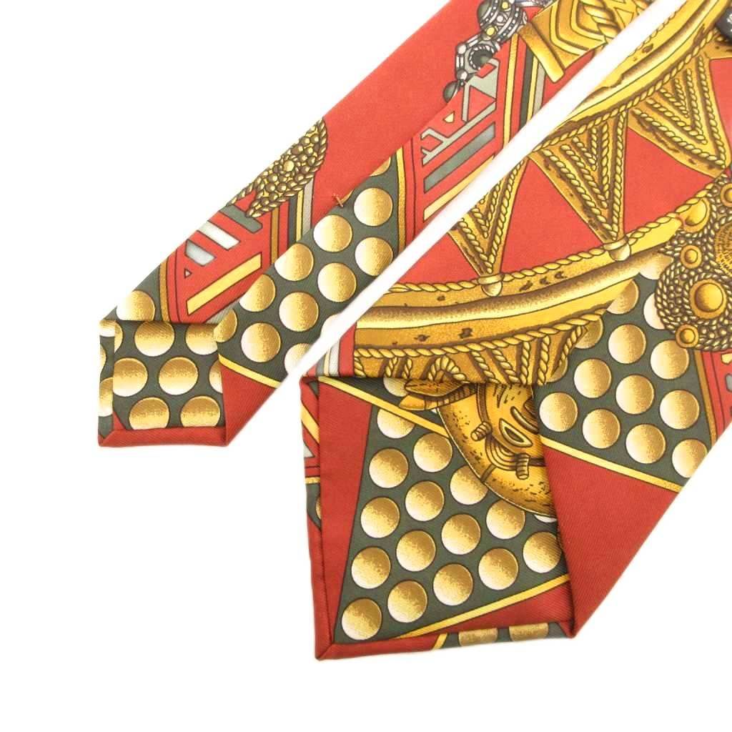 エルメス HERMES ネクタイ スカーフ柄 シルク 絹 茶 ブラウン ゴールド