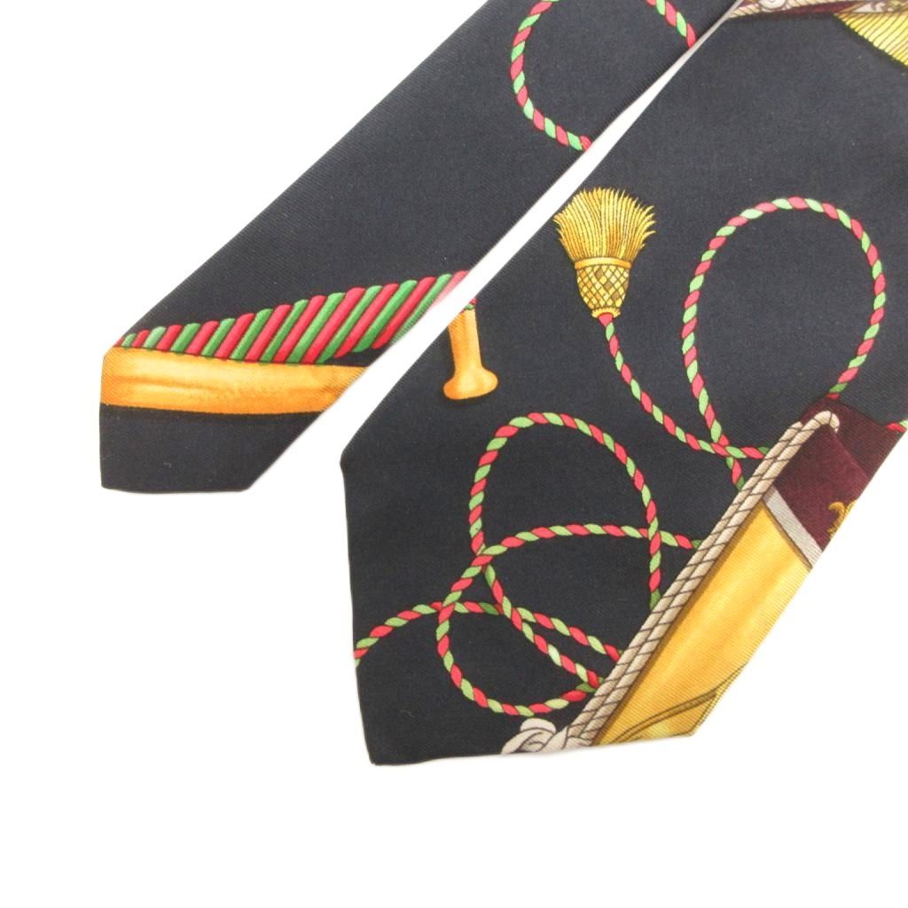 エルメス HERMES ネクタイ スカーフ柄 絹 シルク フランス製 黒