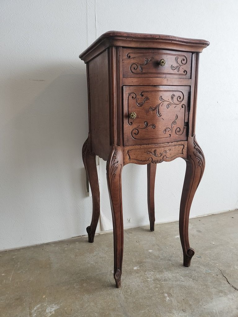 フランス アンティーク 木製 彫刻 ナイトテーブル 大理石つき （25日