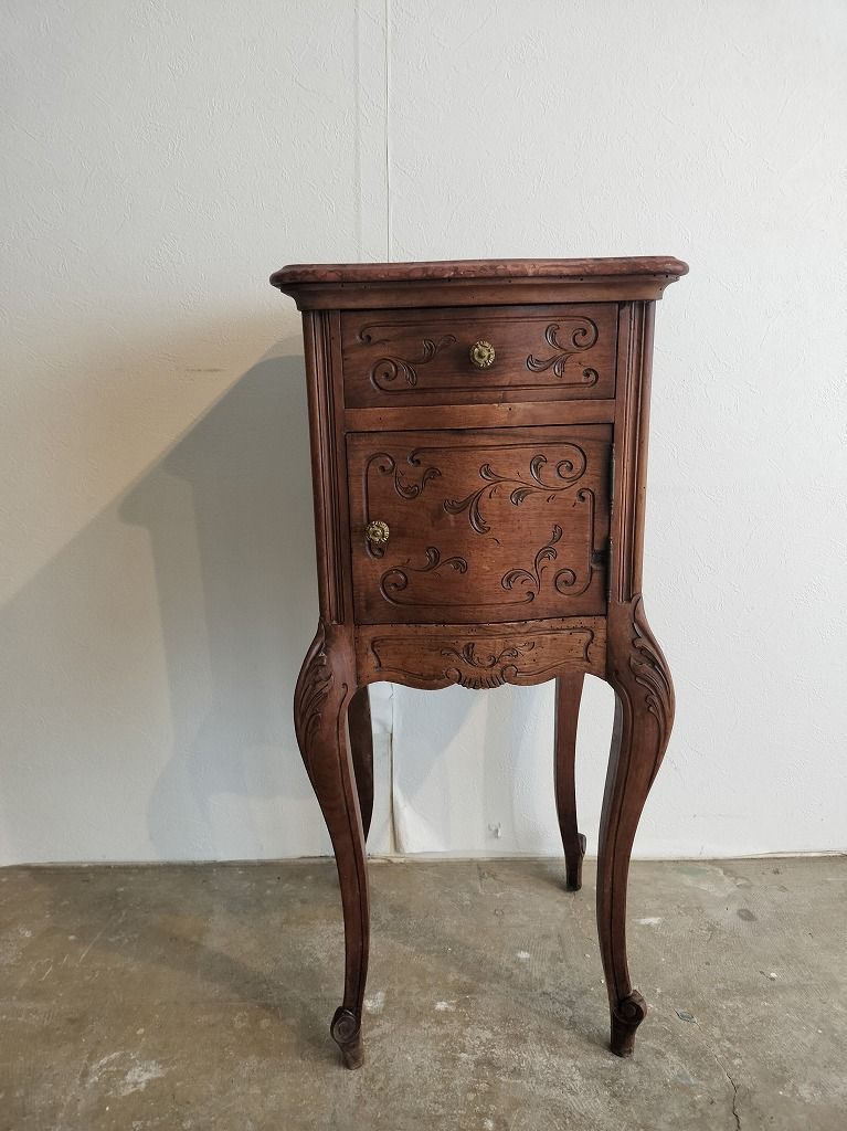 フランス アンティーク 木製 彫刻 ナイトテーブル 大理石つき （25日