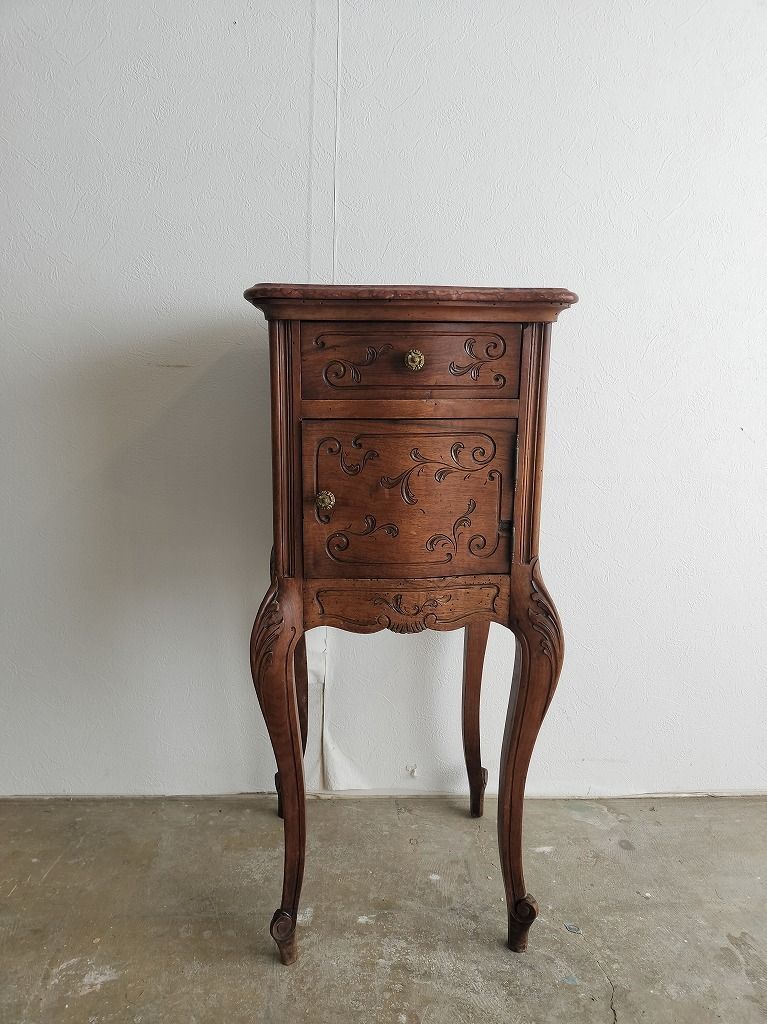 フランス アンティーク 木製 彫刻 ナイトテーブル 大理石つき （25日