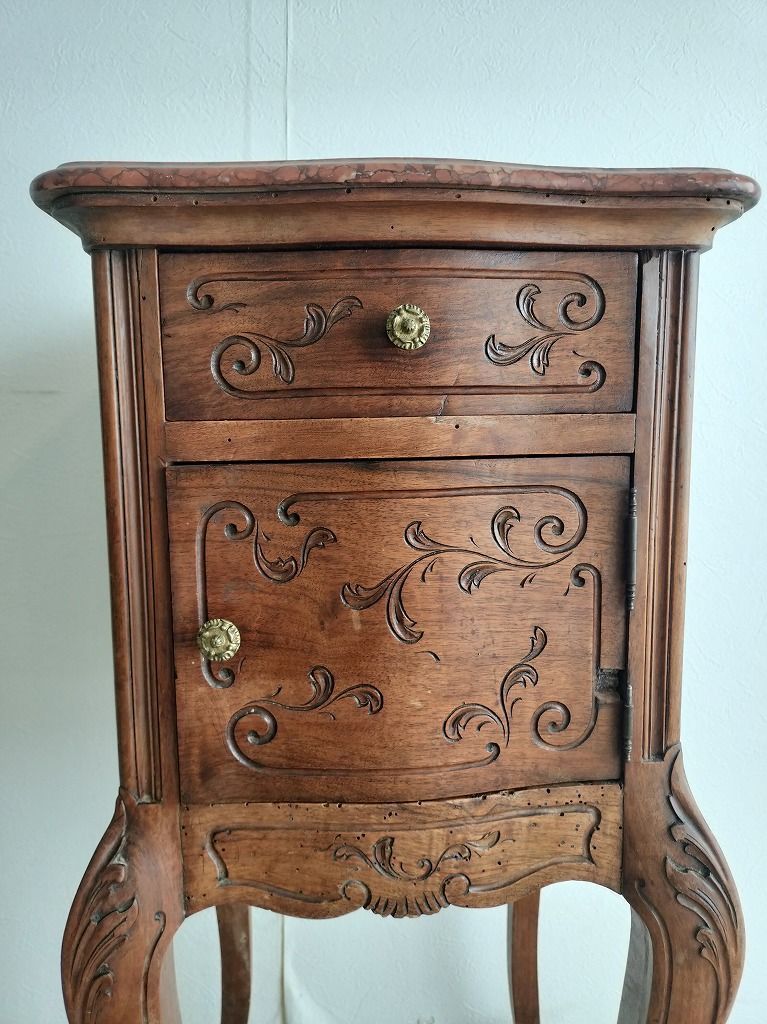 フランス アンティーク 木製 彫刻 ナイトテーブル 大理石つき （25日