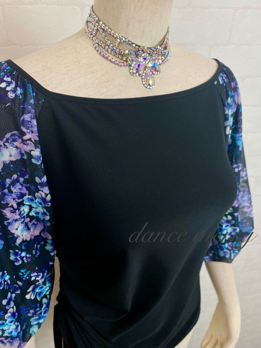 新品 社交ダンス バルーン袖 トップス 黒 青 紫 パーティ レッスン