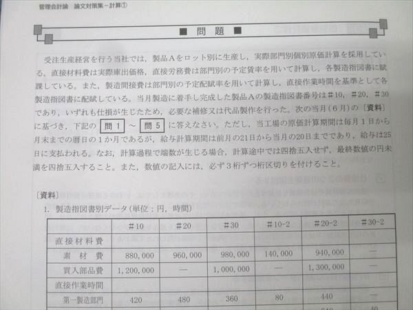 CPA会計学院 公認会計士講座 管理会計論 論文対策集 計算編1/2 2024年