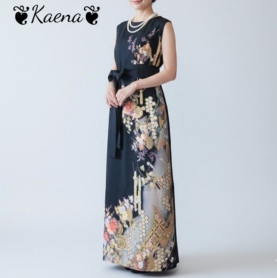 ❦Kaena❦ 着物リメイク ワンピース ロング ドレス マキシ Aライン 黒