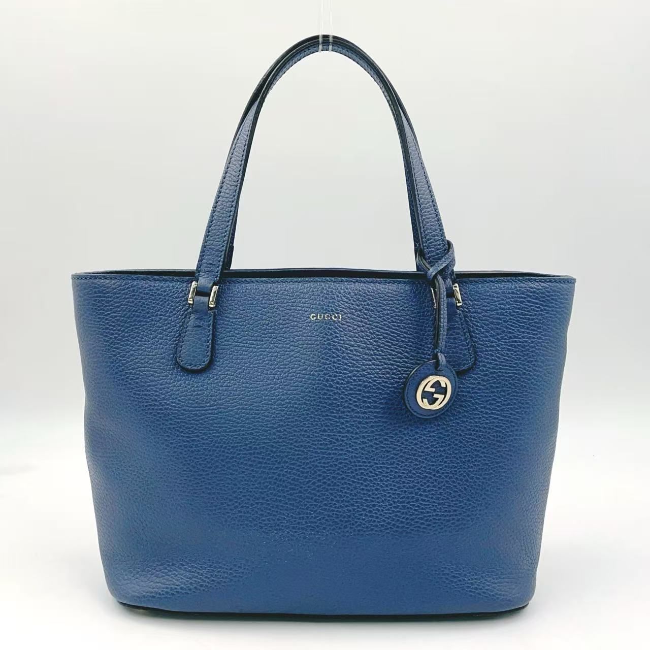 GUCCI インターロッキングG レザー ネイビー トートバッグ ゴールド 