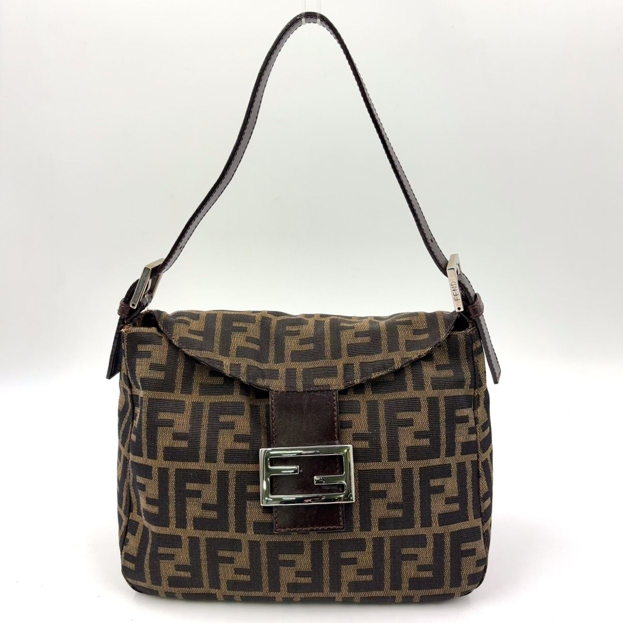 FENDI ズッカ ハンドバッグ レザー×ナイロンキャンバス ブラウン