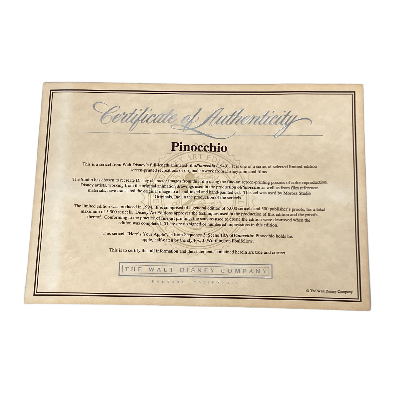 Walt Disney ウォルトディズニー ピノキオ セル画 「PINOCHIO AND THE