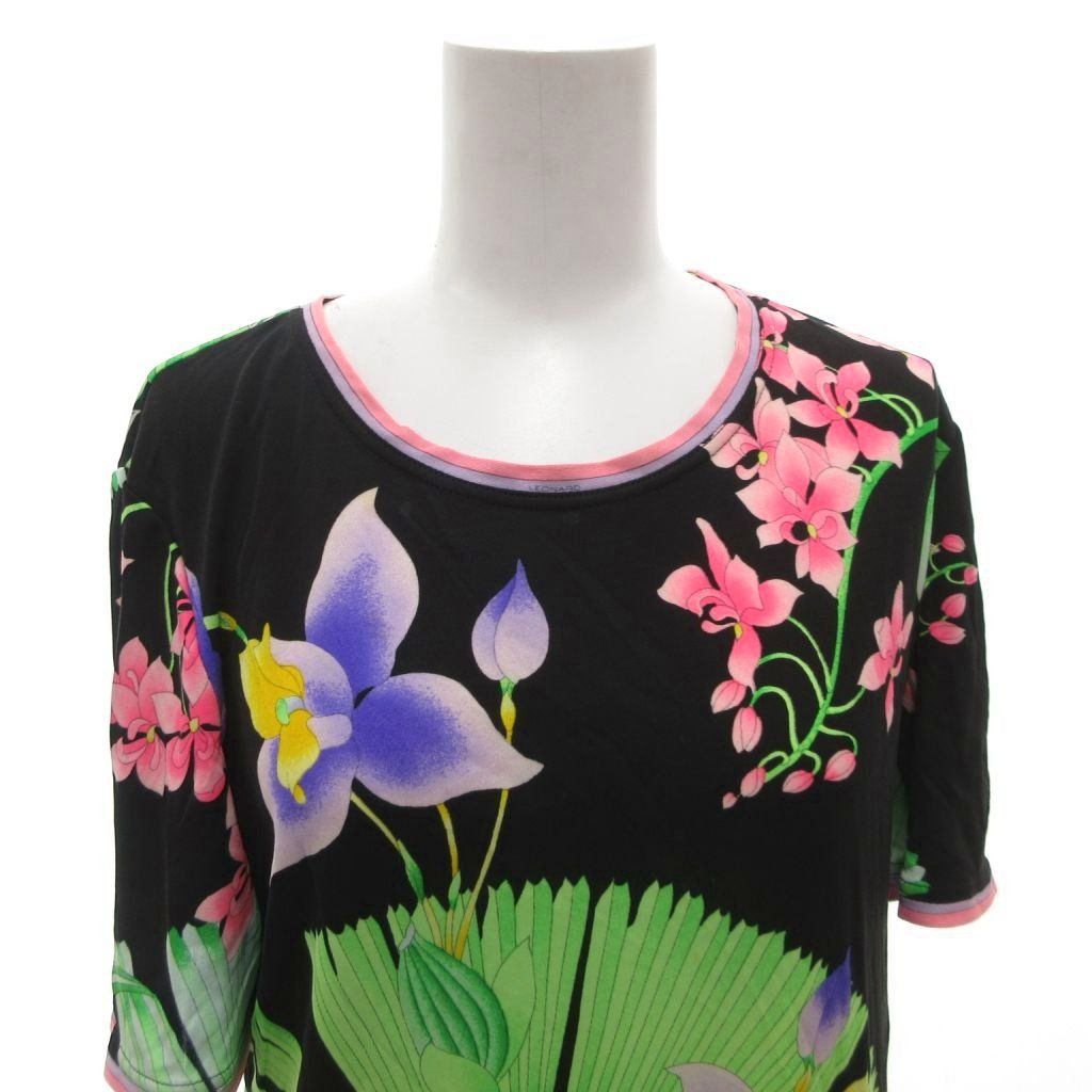 レオナール LEONARD Tシャツ カットソー 花柄 シルク 絹 半袖 44 黒