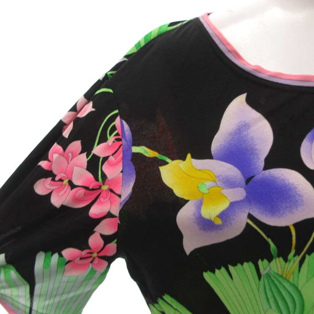 レオナール LEONARD Tシャツ カットソー 花柄 シルク 絹 半袖 44 黒