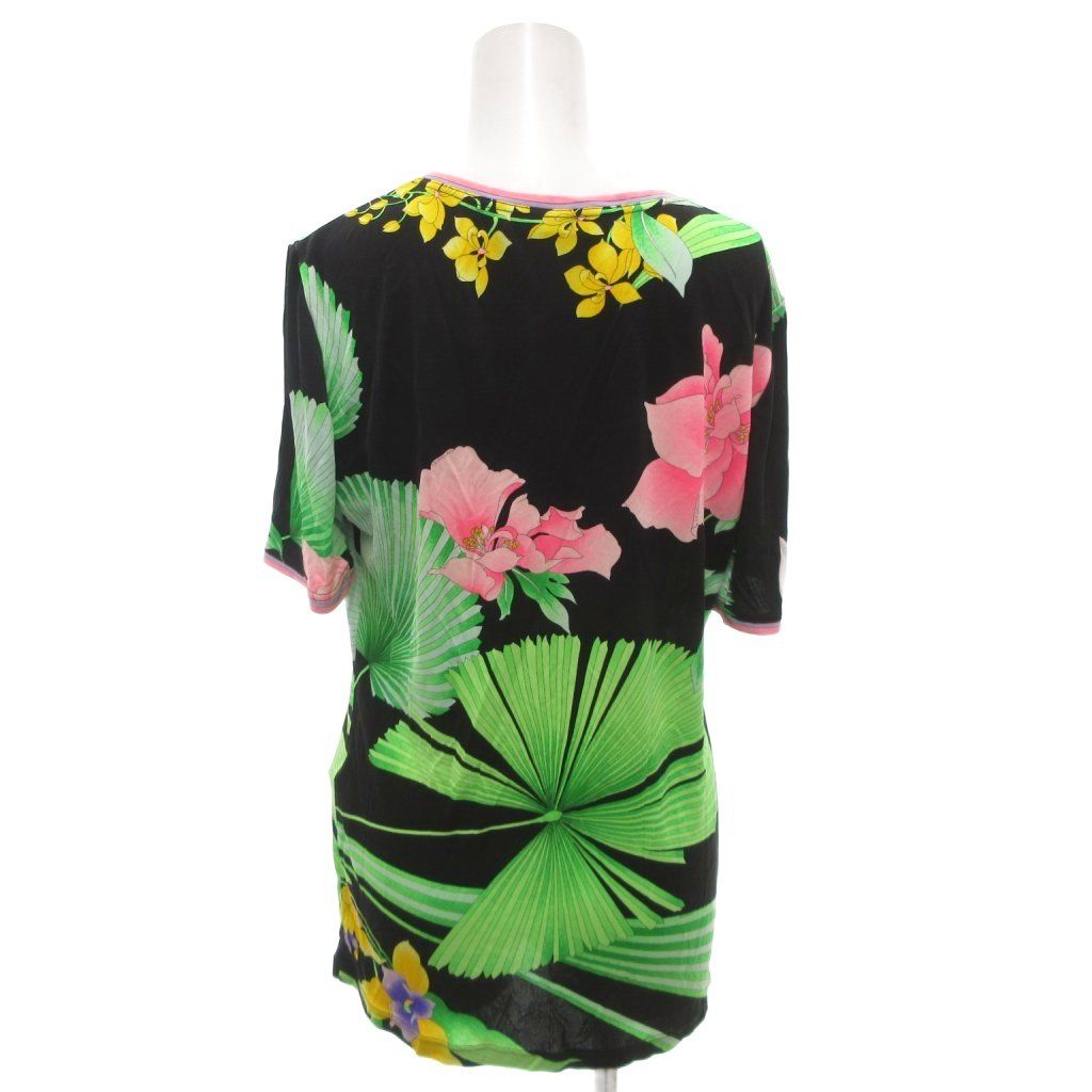 レオナール LEONARD Tシャツ カットソー 花柄 シルク 絹 半袖 44 黒