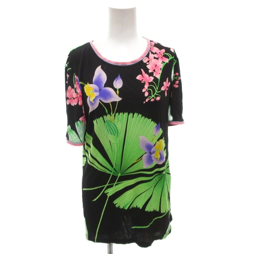 レオナール LEONARD Tシャツ カットソー 花柄 シルク 絹 半袖 44 黒