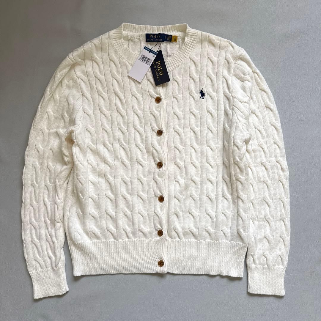 美品 現行 ポロラルフローレン ケーブルニット カーディガン ポニー刺繍 白 未使用 タグ付き ポロラルフローレン カーディガン ケーブルニット