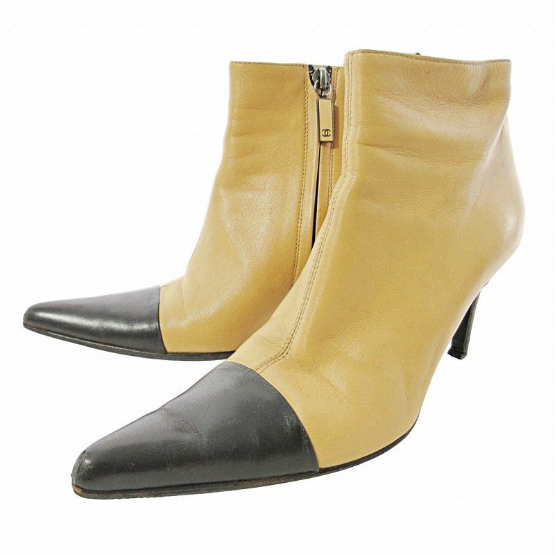 シャネル CHANEL バイカラー ショートブーツ ポインテッドトゥ レザー